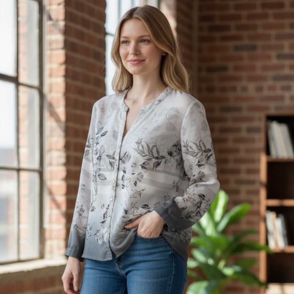 #09 button down White long sleeves with V shaped neckline